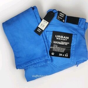 NWT Men's URBAN BEAST Slim Straight Royal Blue Distressed Cargo Style‎ 38"x32"